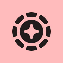 A black casino chip icon with a cross-shaped center and segmented outer ring, set against a pink background, subtly channels the edgy style of Geno Young.