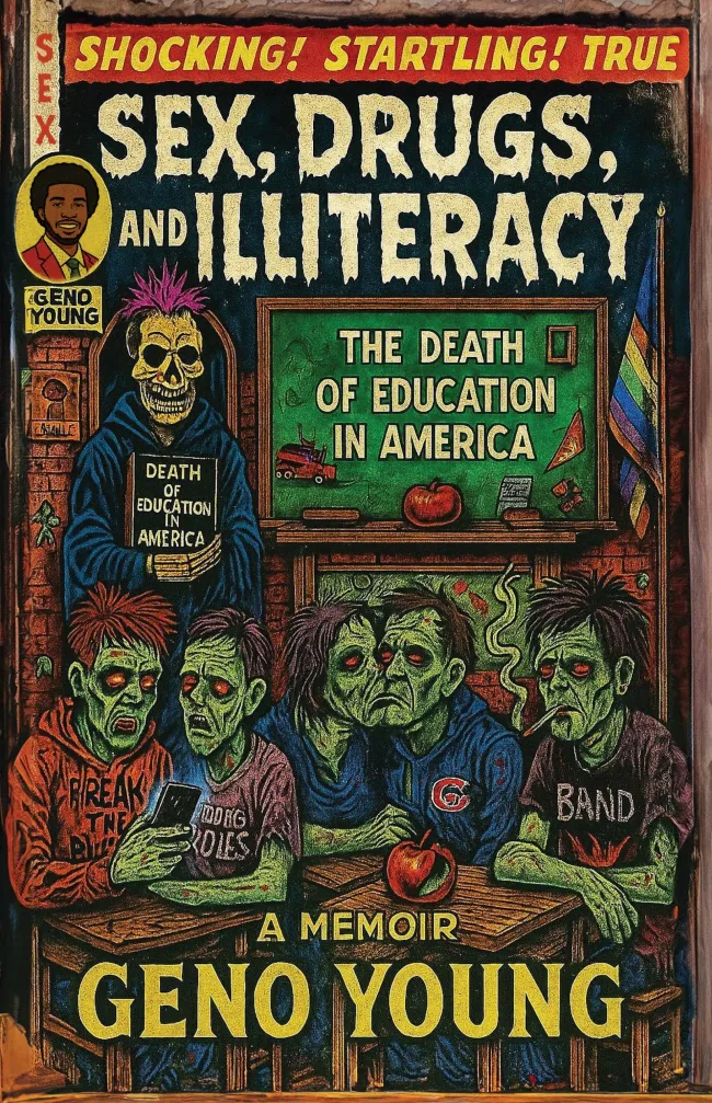 Illustrated book cover titled "Sex, Drugs, and Illiteracy: The Death of Education in America" by Geno Young, featuring zombie-like students and a skeleton teacher in a classroom.