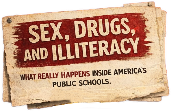 A weathered sign reads "Sex, Drugs, Illiteracy: What Really Happens Inside America's Public Schools," echoing Geno Young's raw perspective on the hidden truths within our education system.
